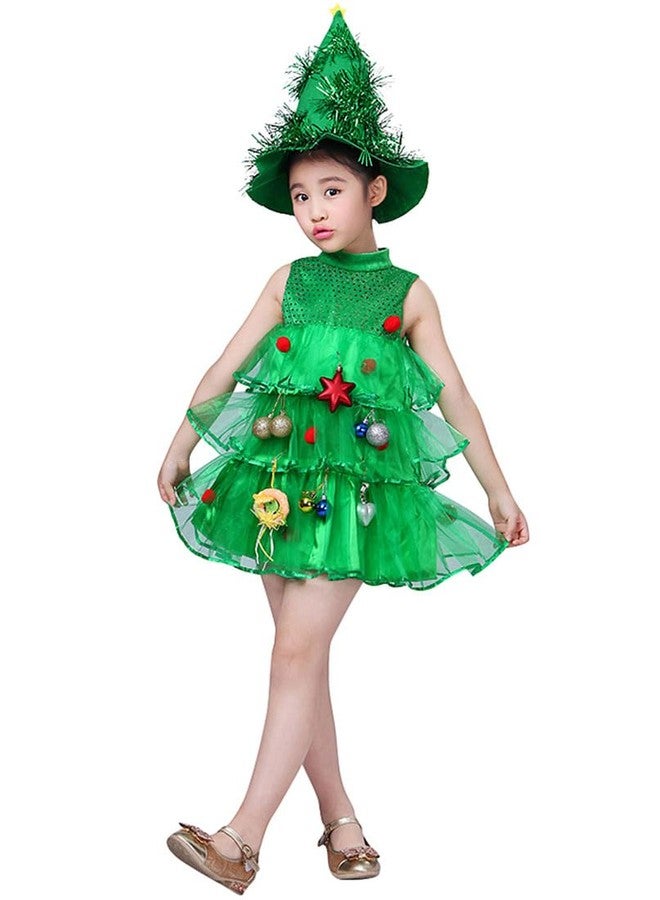 FANCYINN Girls Christmas Tree Dress Cosplay Costume Round Neck Sleeveless Kids Tutu Dresses with Hat Xmas Outfits 110 - Image 1